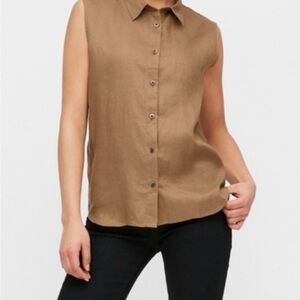 Uniqlo Tan Sleeveless Button-Down Shirt Coastal Cowgirl Parisian Chic Tank